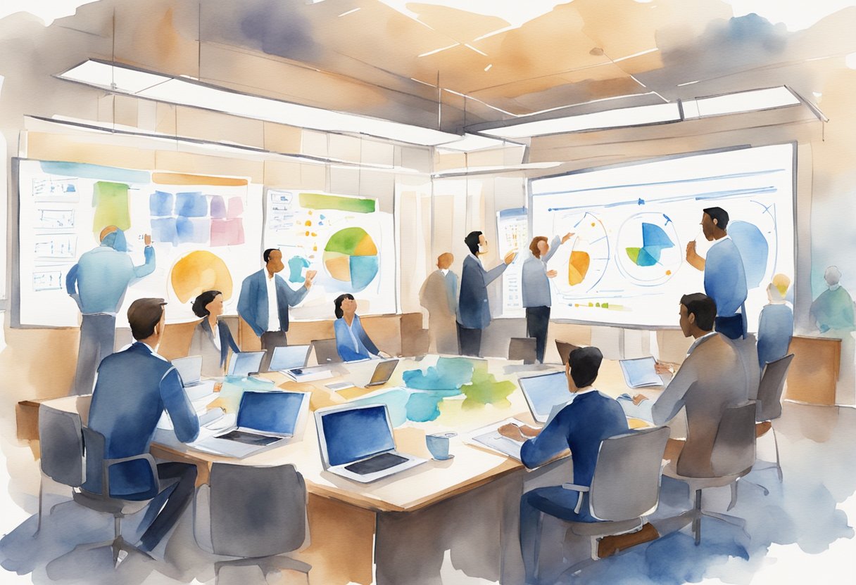 A conference room with a whiteboard filled with diagrams and charts, a table with laptops and notebooks, and a group of professionals engaged in a lively discussion