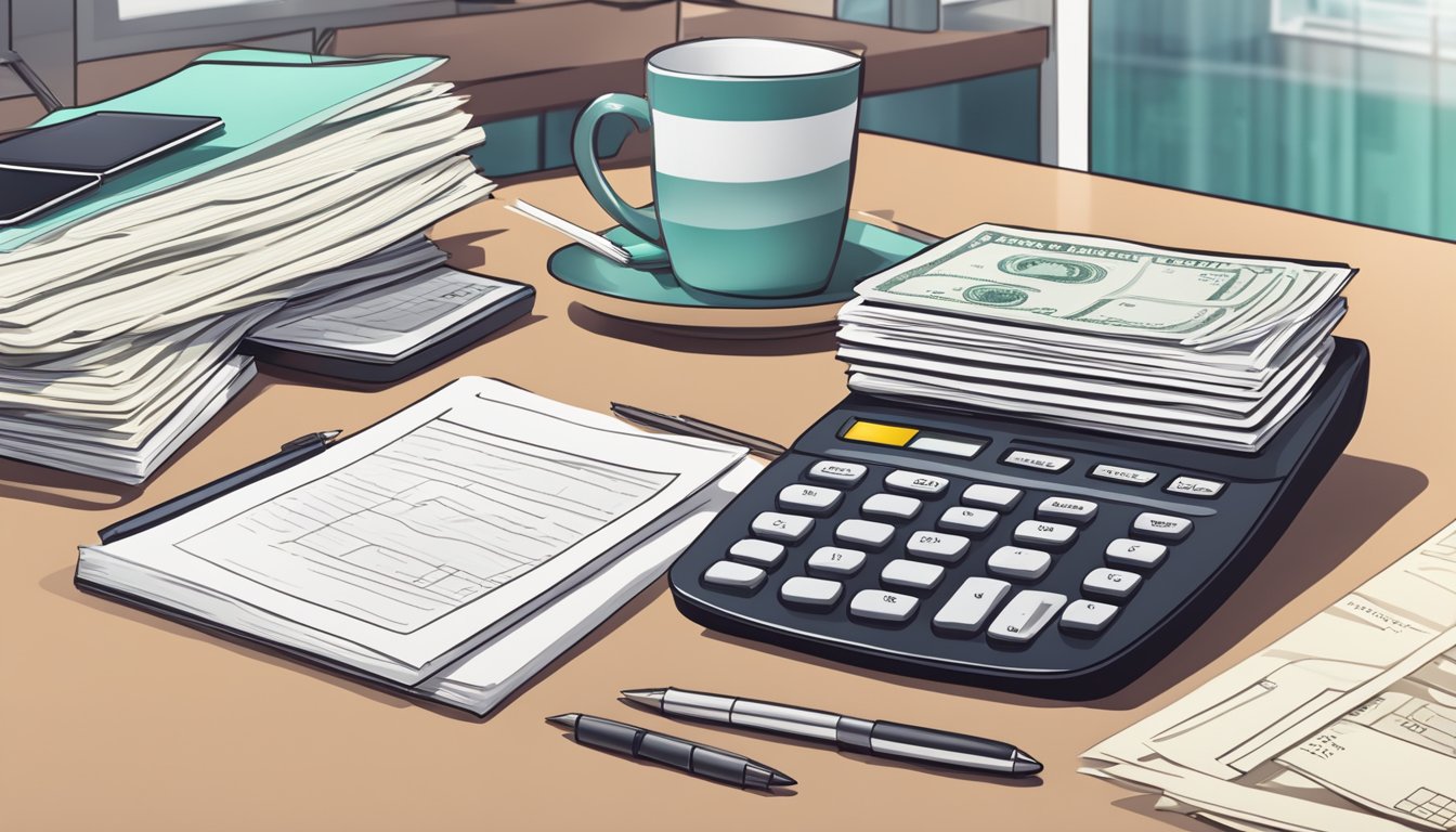 A stack of cash with a TDSR calculator and a set of loan documents on a desk in a modern office setting