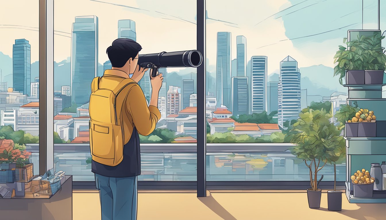 A person in Singapore purchases a telescope from a store, with the city skyline in the background