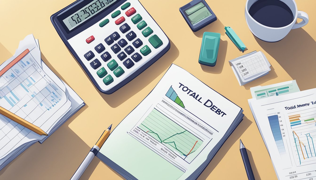 A calculator, financial documents, and a TDSR chart on a desk, representing the concept of Total Debt Servicing Ratio (TDSR) for a money lender in Singapore