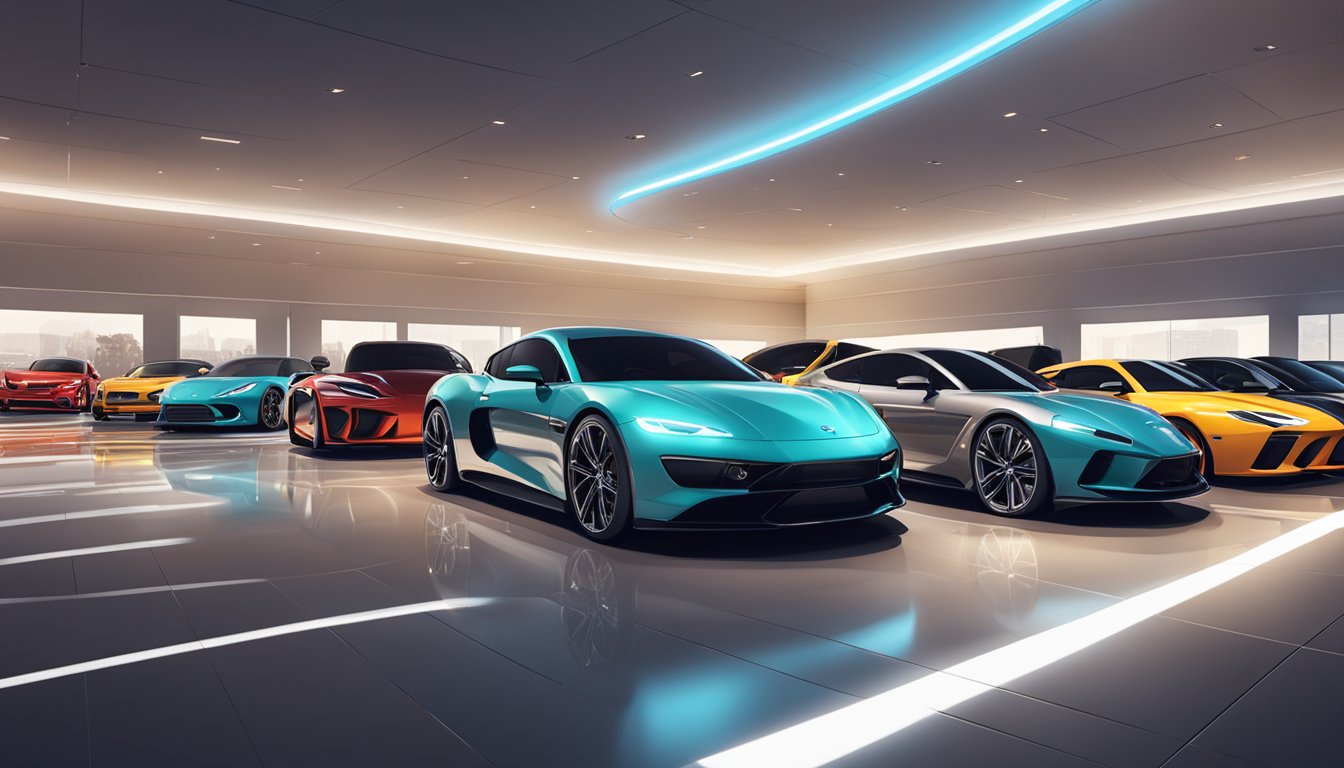 Luxury sports cars lined up on a sleek showroom floor. Bright lights illuminate the polished vehicles, showcasing the iconic logos of famous brands