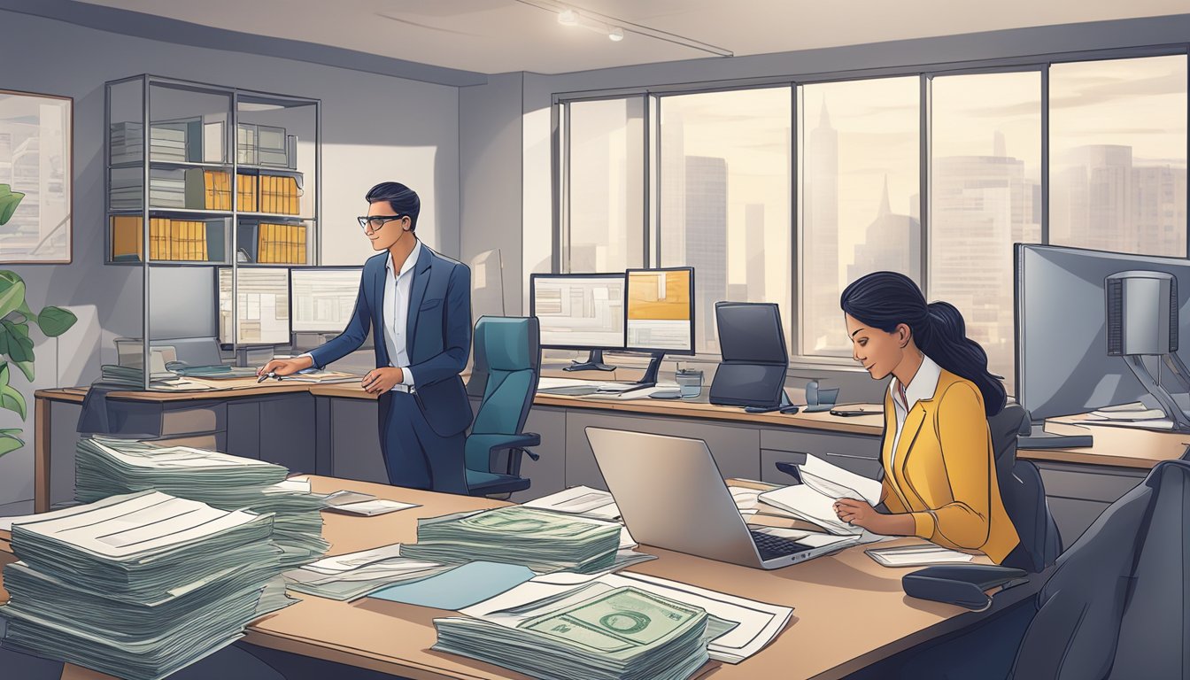 A modern office setting with a professional money lender discussing TDSR loans with a client, surrounded by financial documents and a computer