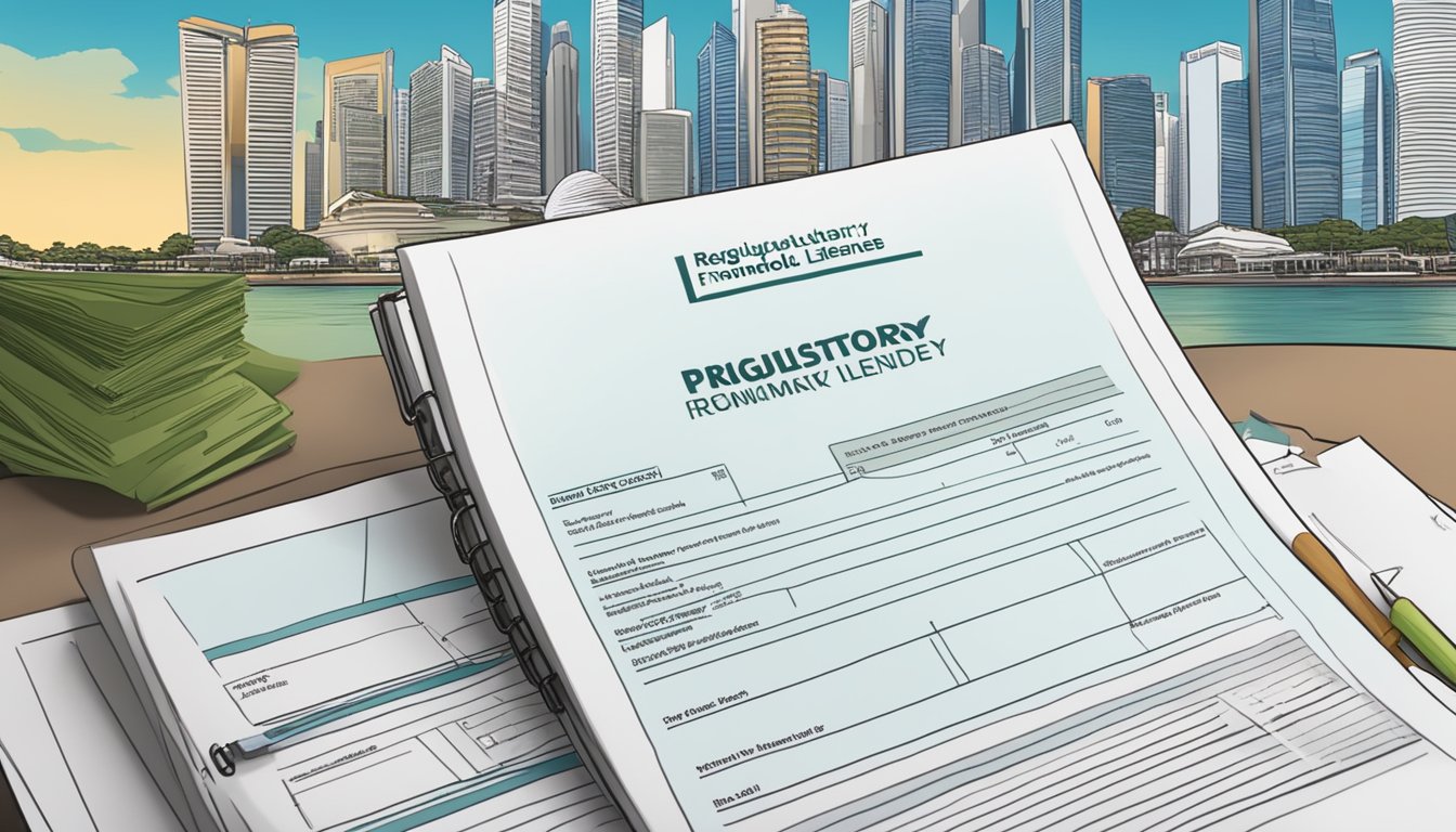 A stack of legal documents with "Regulatory Framework money lender license" prominently displayed, set against a backdrop of Singapore's iconic skyline