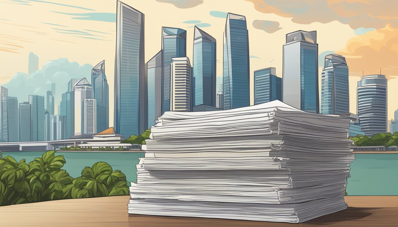 A stack of legal documents with "Financial Regulations" and "money lender license" printed on them, set against a backdrop of the Singapore skyline