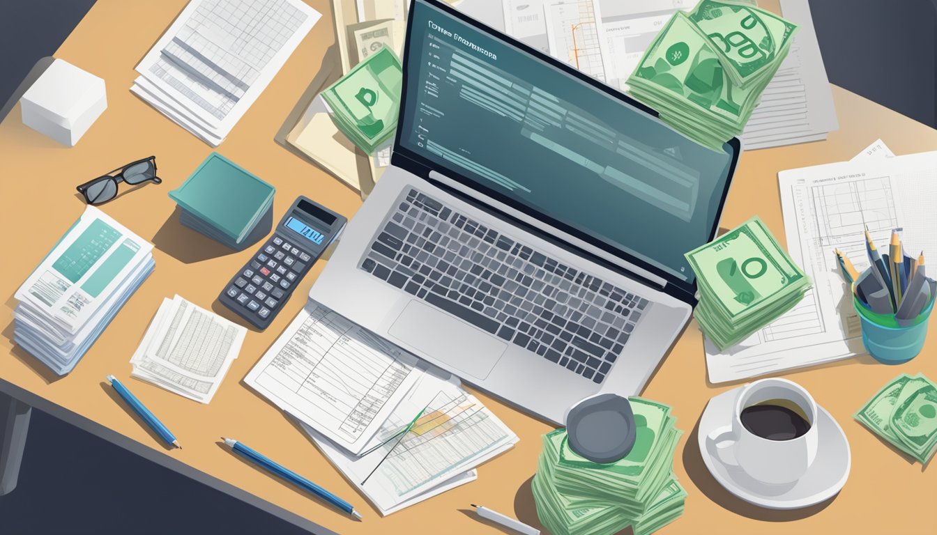 A desk with a laptop, calculator, and financial documents. A chart showing TDSR guidelines in Singapore. A stack of money representing a money lender