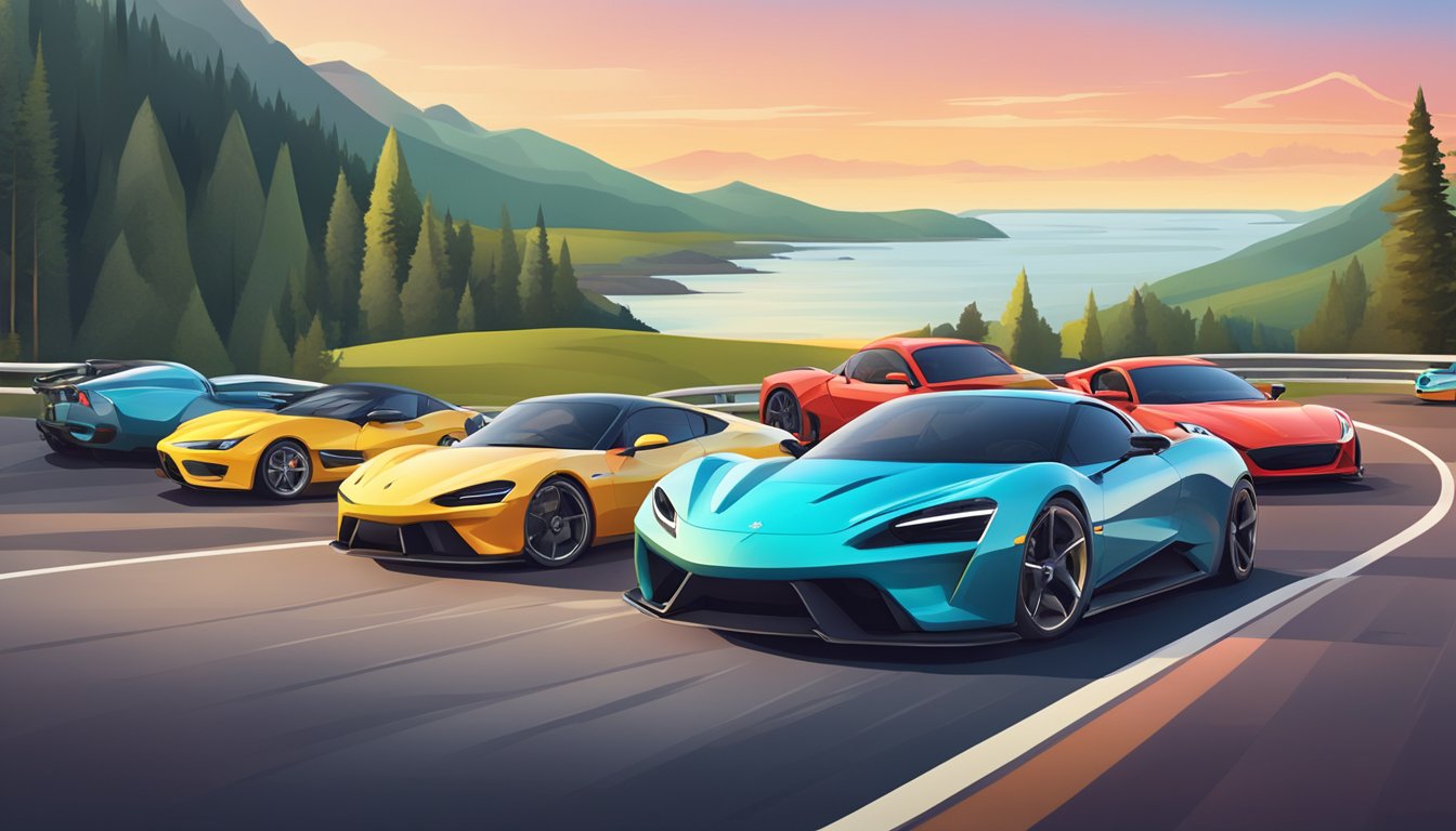 A lineup of affordable sports cars from famous brands, sleek and colorful, parked on a winding road with a scenic backdrop