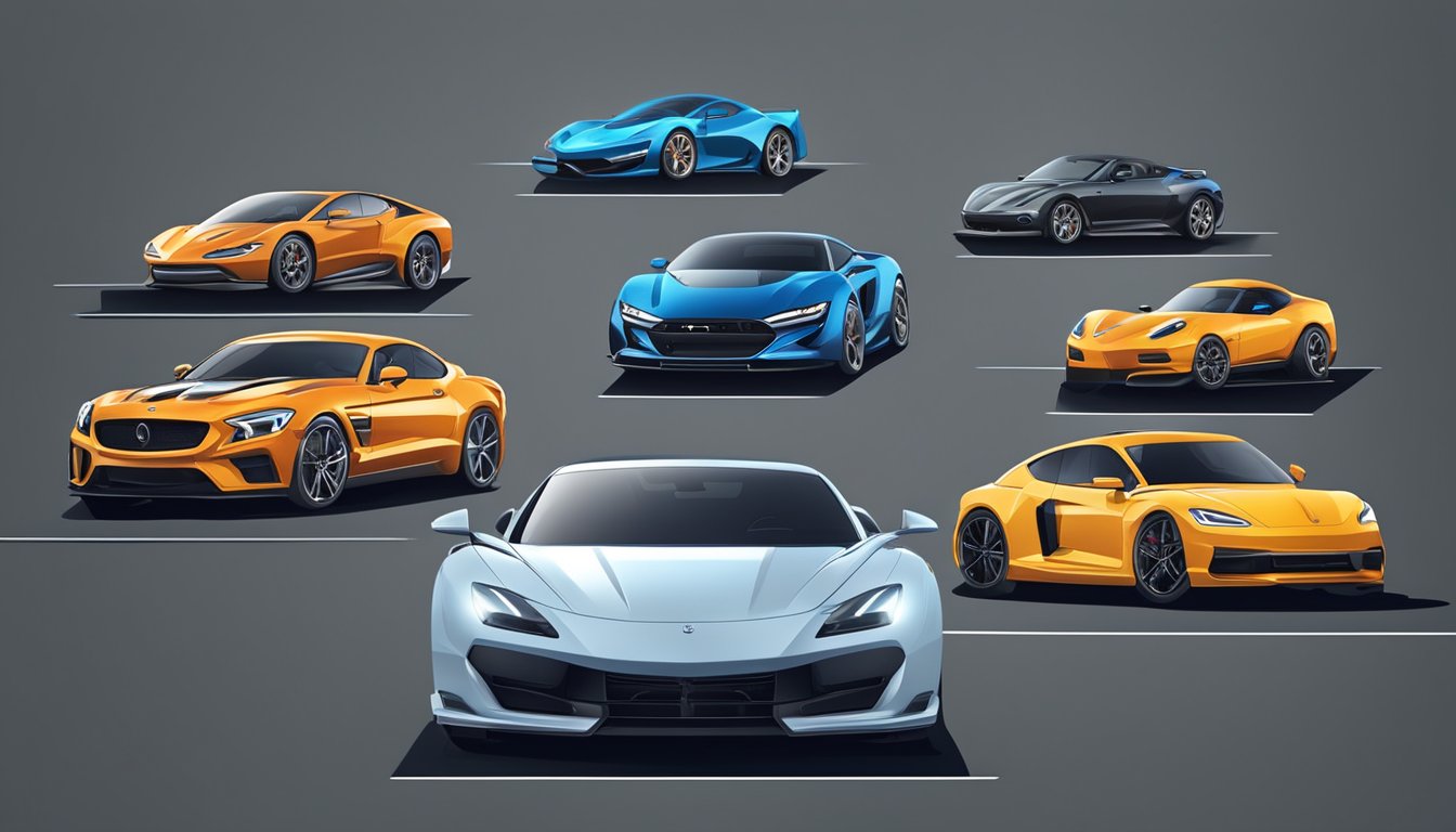 A lineup of famous sports cars, each with sleek designs and powerful engines, are displayed on a stage with rankings and reviews visible in the background