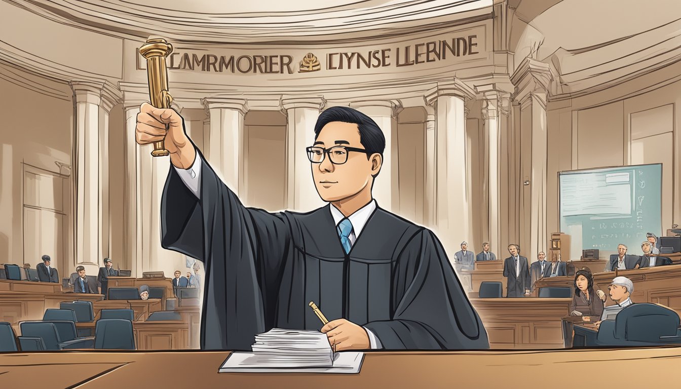 A judge in a courtroom, holding a gavel and pointing to a sign that reads "Enforcement and Penalties money lender license: Legal framework in Singapore."