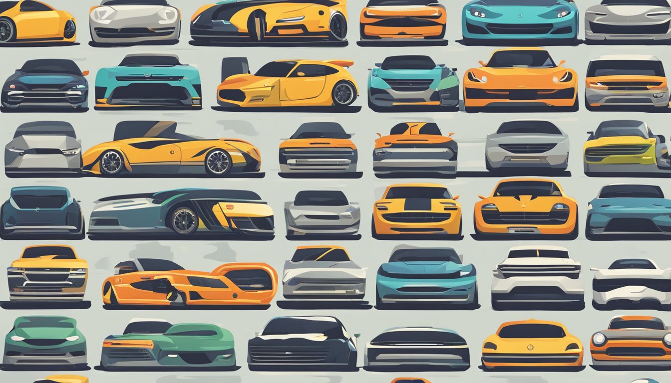A lineup of iconic sports car logos, surrounded by question marks and a crowd of curious onlookers