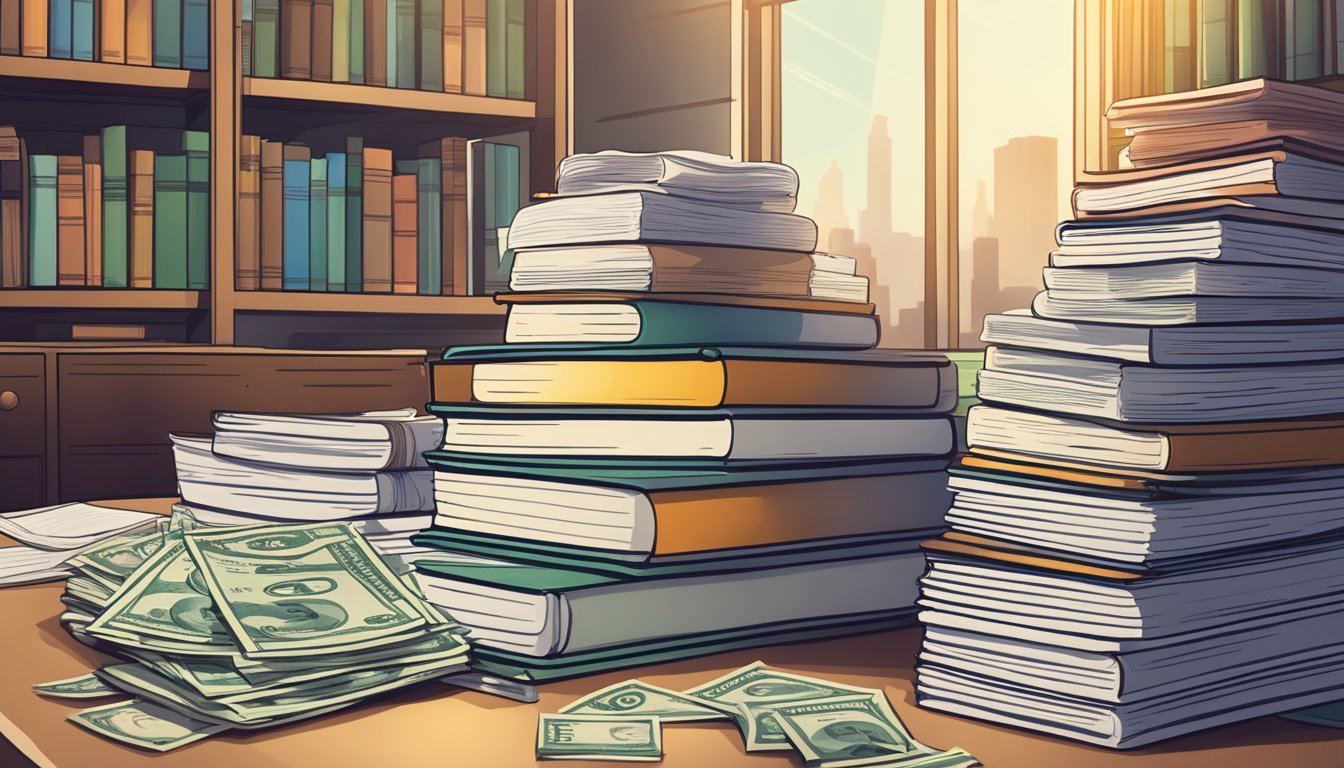 A stack of legal documents sits on a desk, alongside a money lender license. A bookshelf filled with financial education materials stands in the background