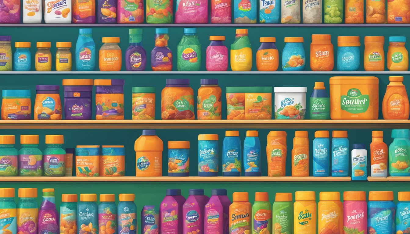 A vibrant display of FBB brands arranged on shelves with colorful packaging and bold logos