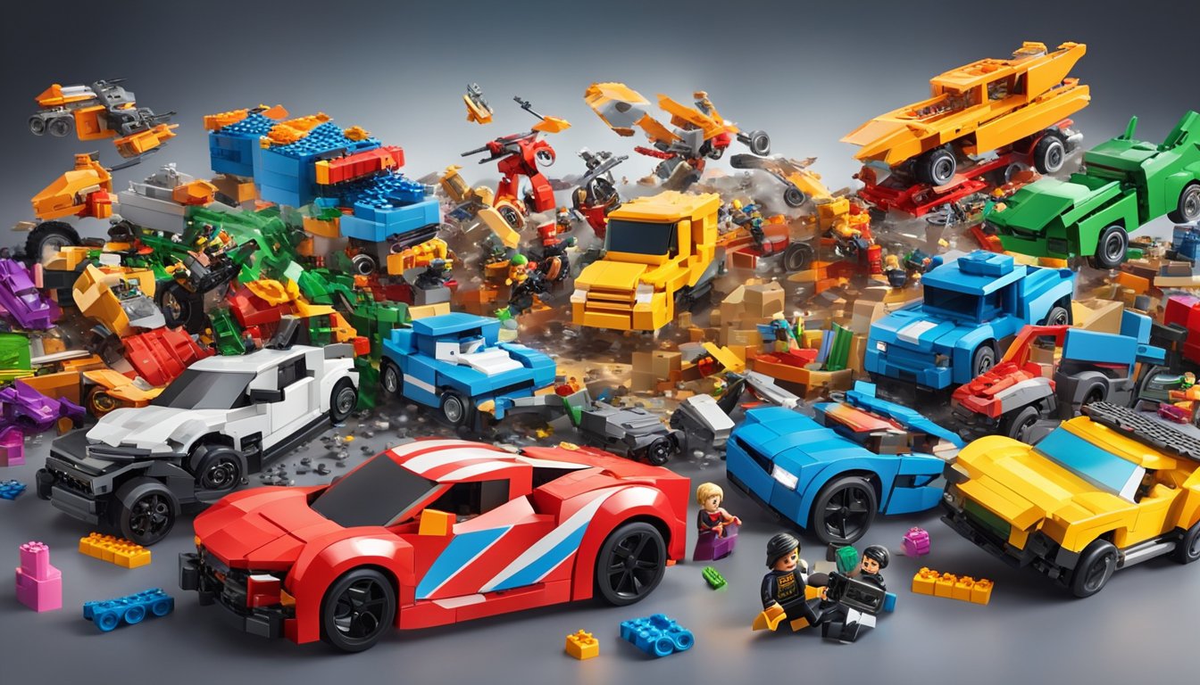 Toys from various brands clash in a chaotic battle scene. Lego, Barbie, Hot Wheels, and more fight for dominance in a colorful and dynamic display
