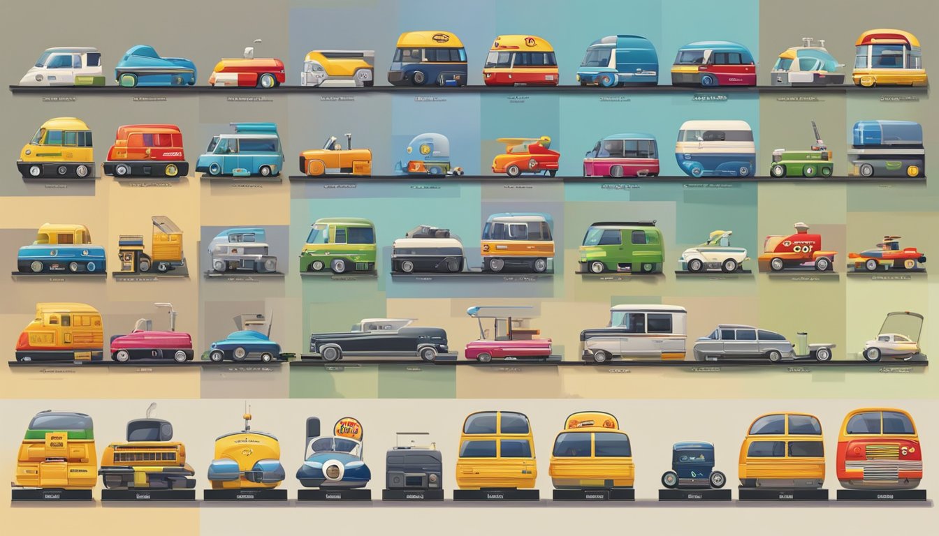 A display of iconic toy brands, from vintage to modern, arranged in chronological order. Each brand's logo and signature products are showcased, representing the evolution of the toy industry