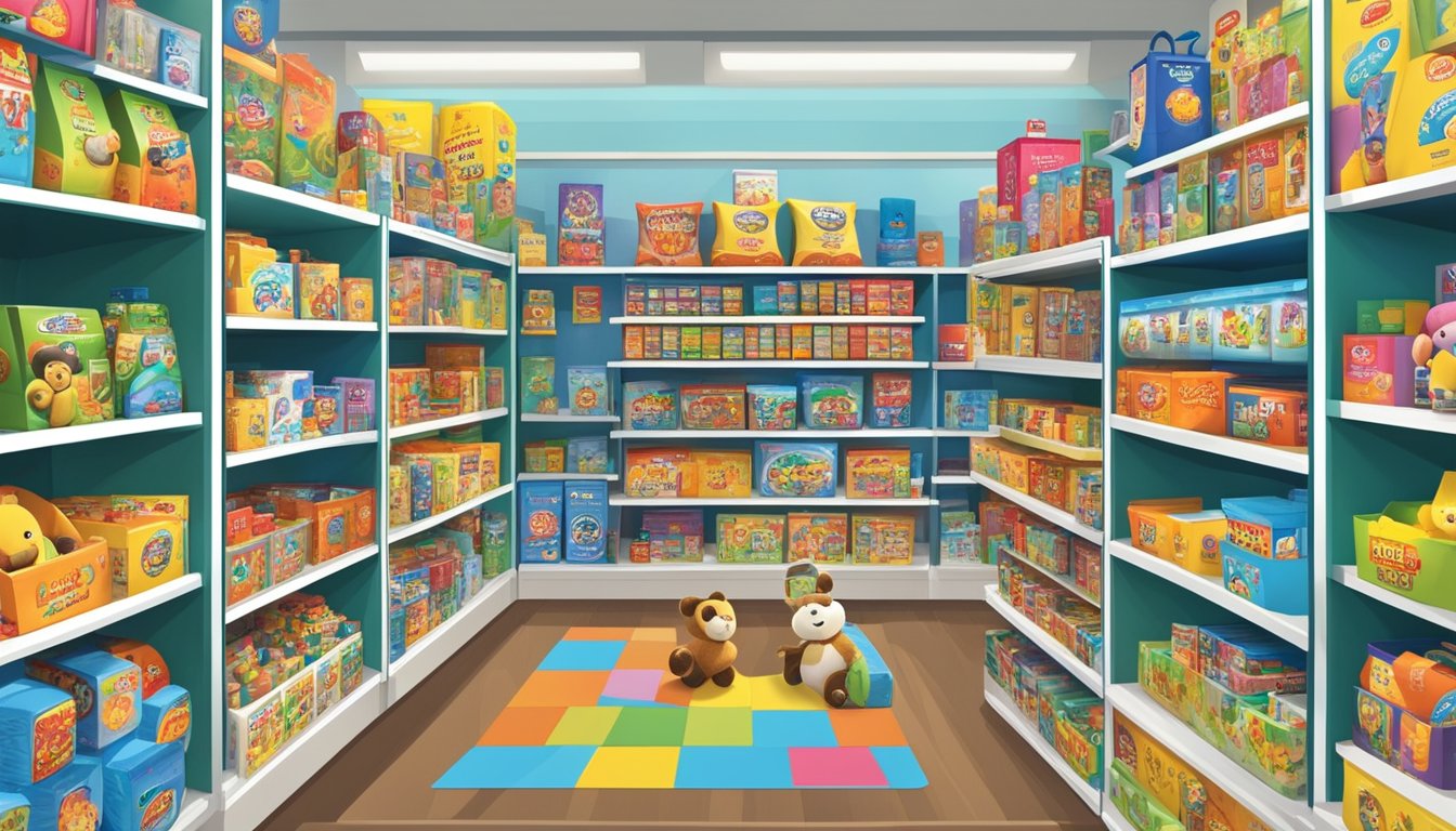 Leading toy brands displayed on shelves, with logos and products attracting attention. Impact evident in crowded store and children's excitement