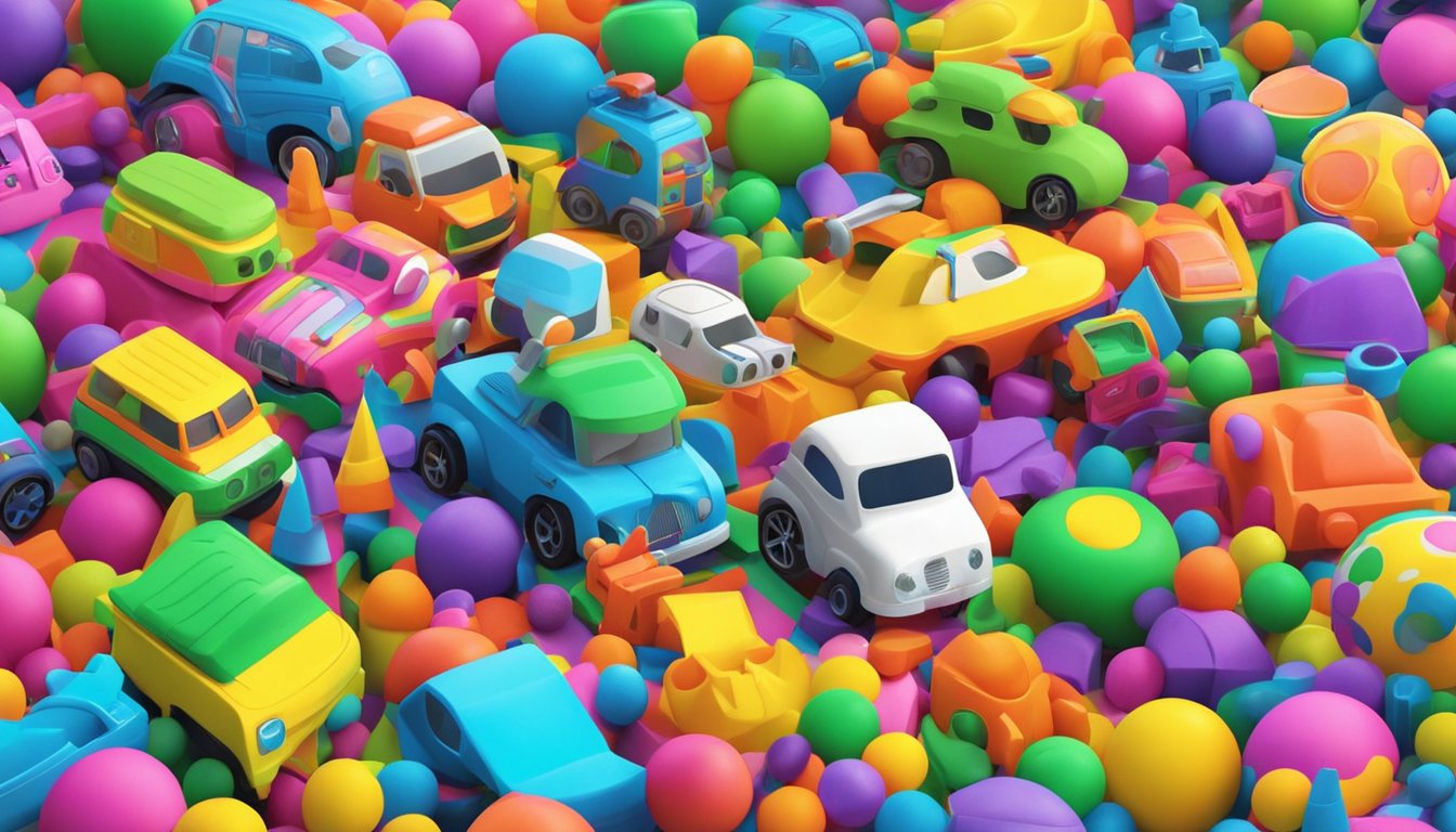 Various toy brands clash in a colorful, chaotic scene. Trendy and innovative toys compete for attention