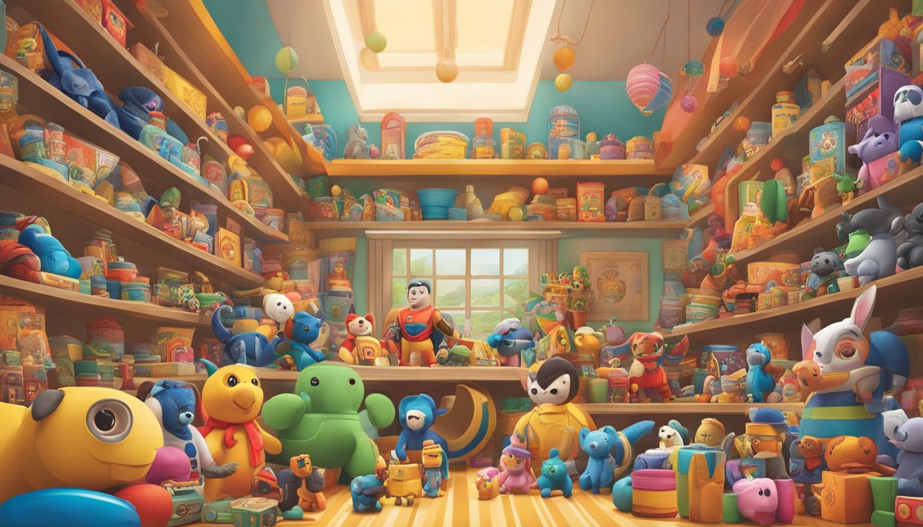 Various toy brands from different cultures clash in a colorful display of collectibles. The scene is filled with cultural influence and diversity