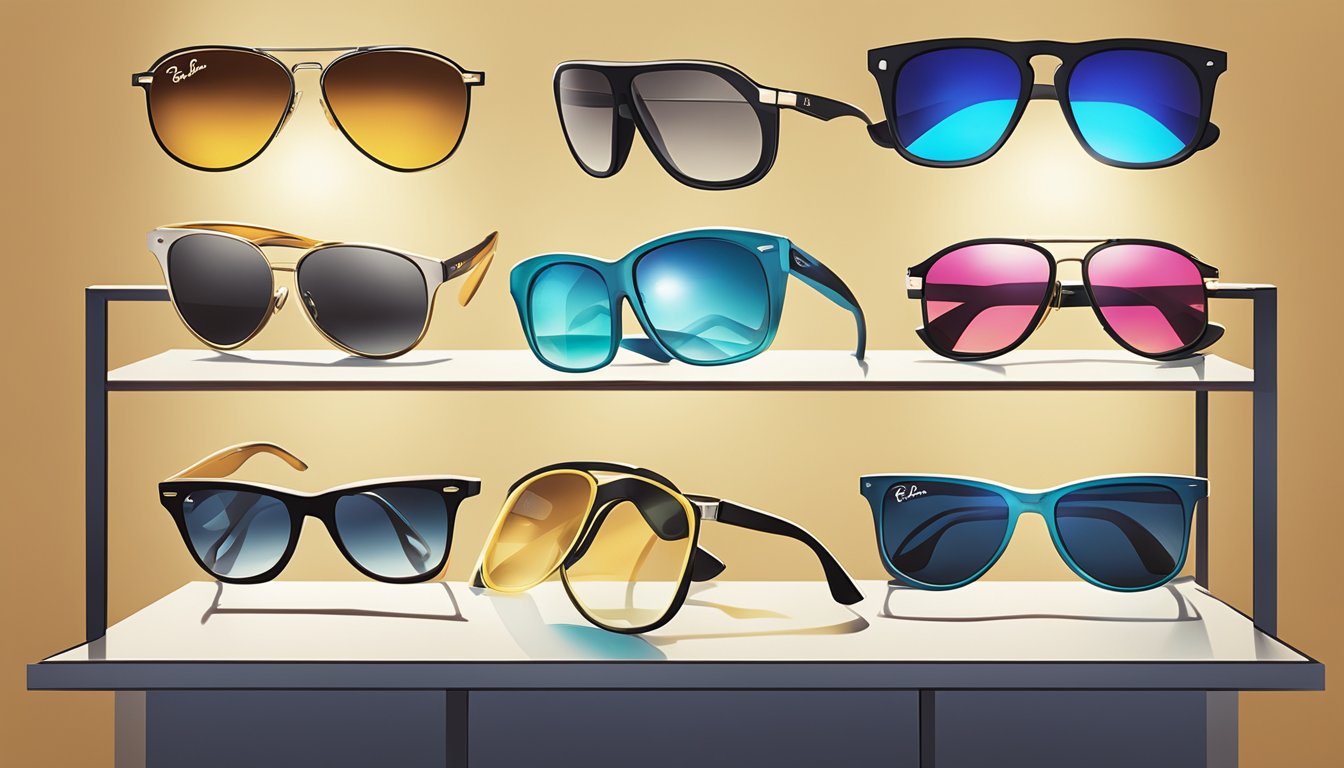 A table with various Ray-Ban sunglasses styles displayed. Bright lights highlight the sleek designs and iconic logo
