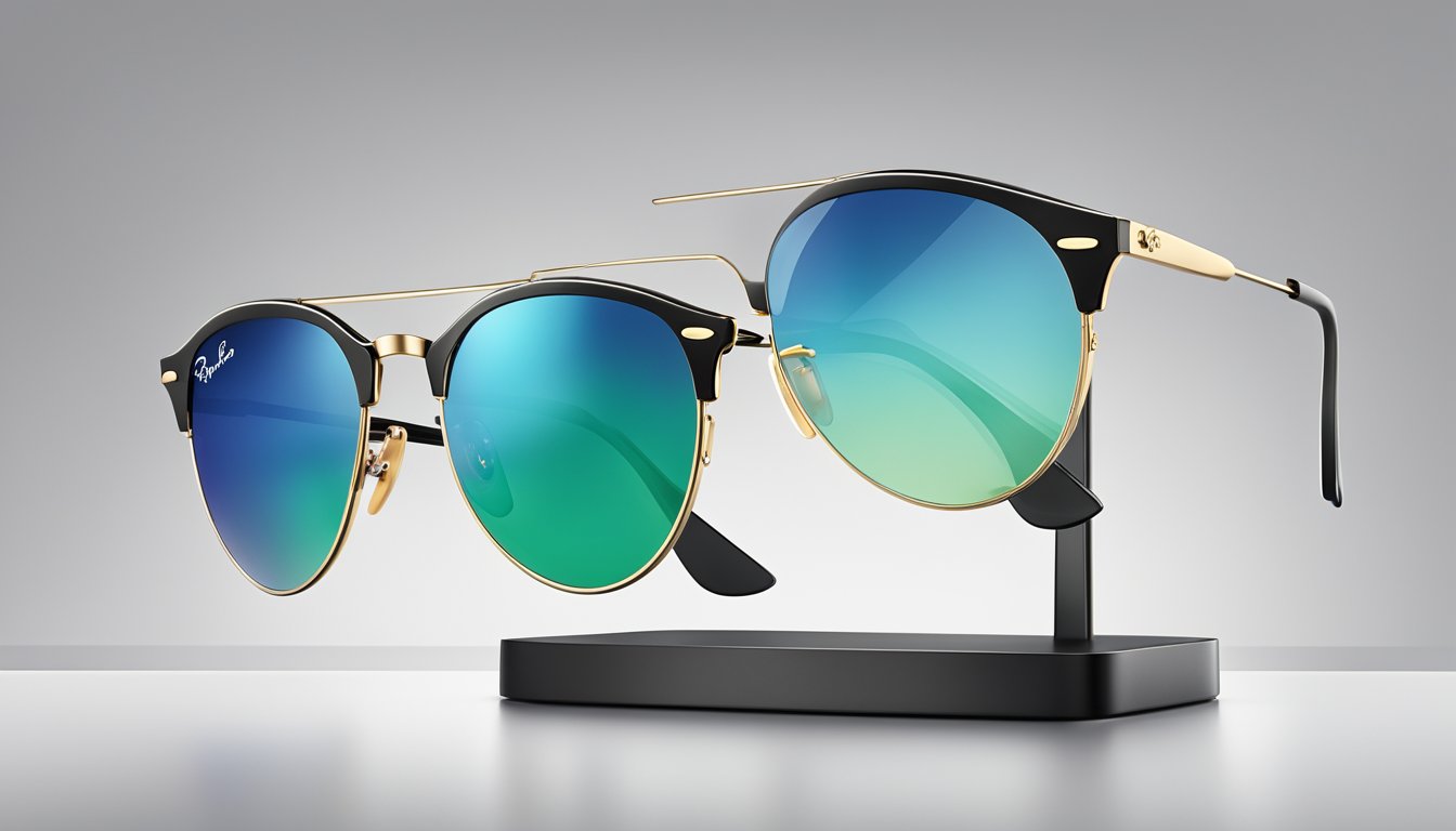 A sleek pair of Ray-Ban sunglasses sits on a modern, minimalist display stand, showcasing the latest in material and design innovation