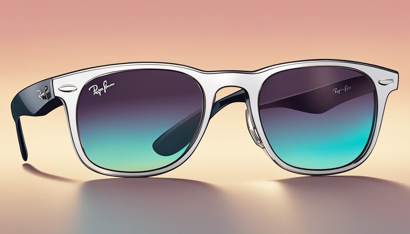 A pair of Ray Ban sunglasses displayed on a gradient background with vibrant color choices, reflecting the brand's style and quality