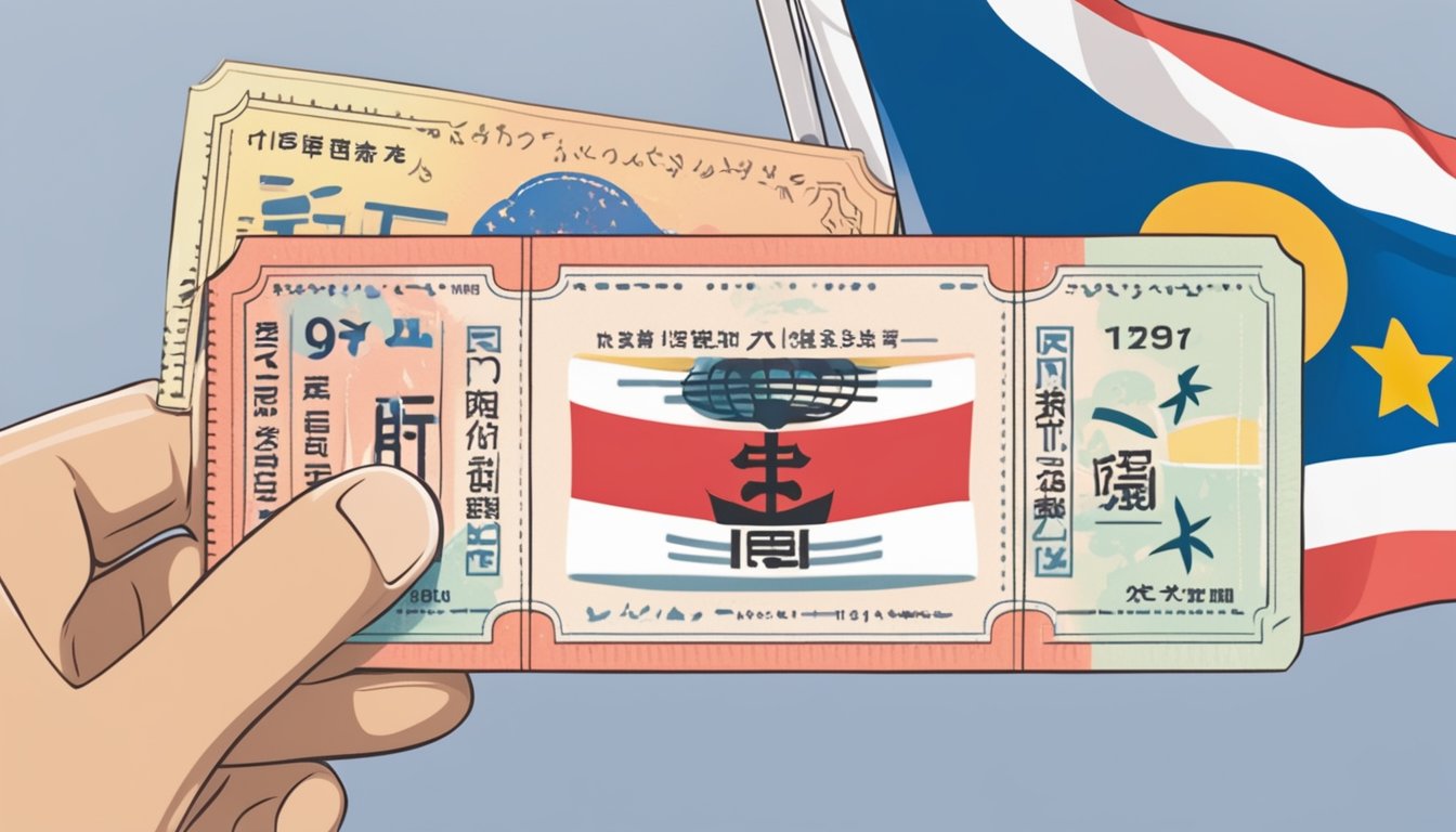 A hand holding Tokyo Disneyland tickets with a Singaporean flag in the background