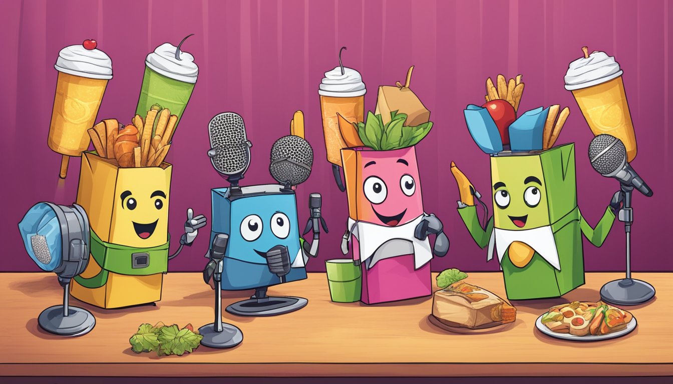 A table with food packages wearing pun costumes and holding microphones for a stand-up comedy show