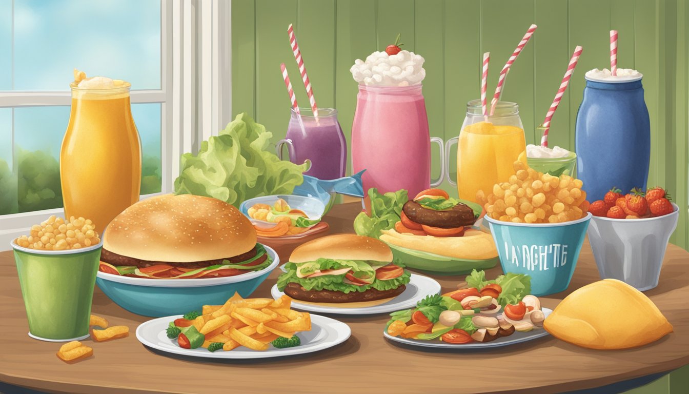 A table set with comically oversized food items, each with a punny label. Laughter and joy fill the air as people enjoy the playful meal