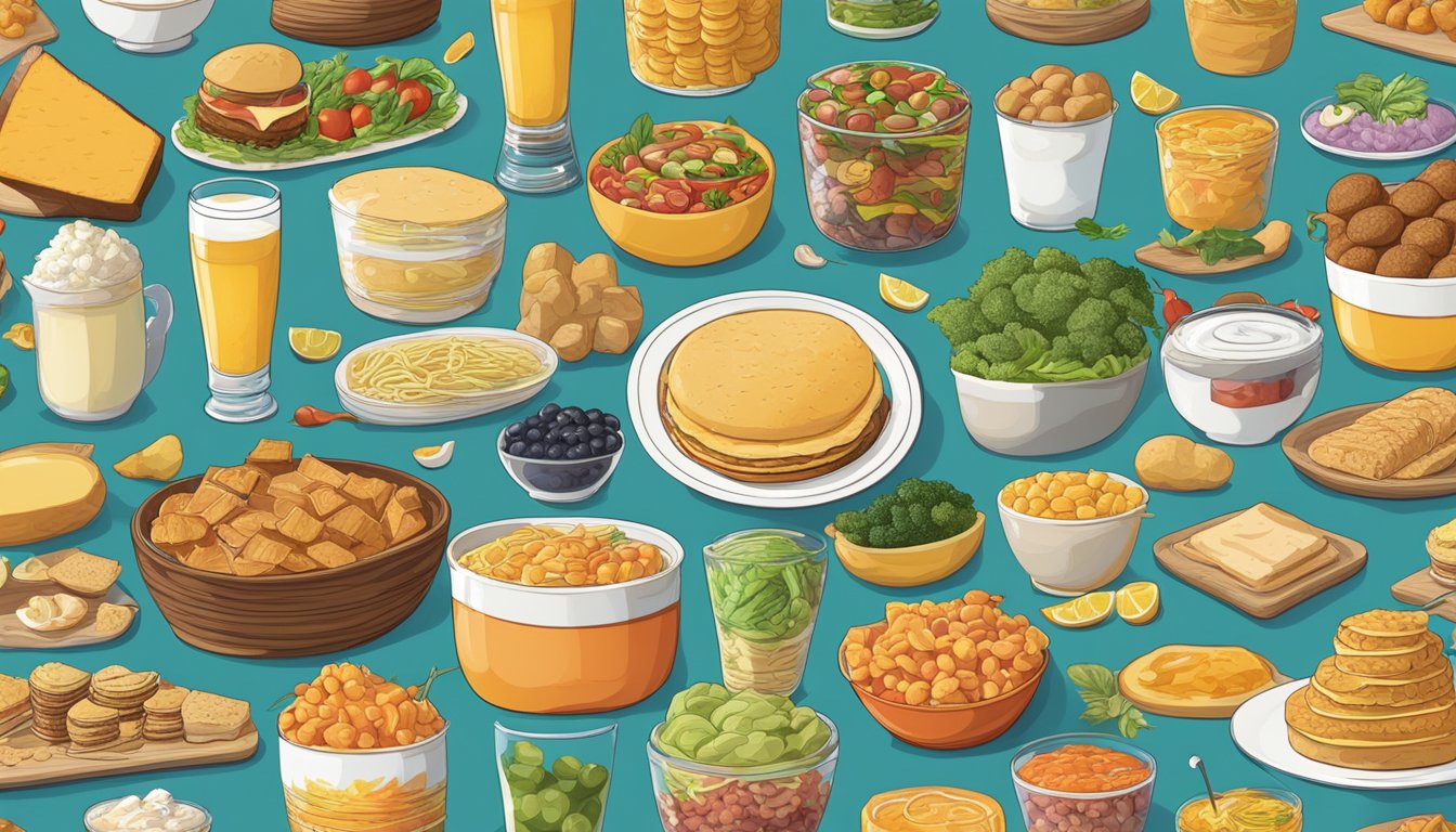A table piled high with food items, each cleverly labeled with puns related to their ingredients or names