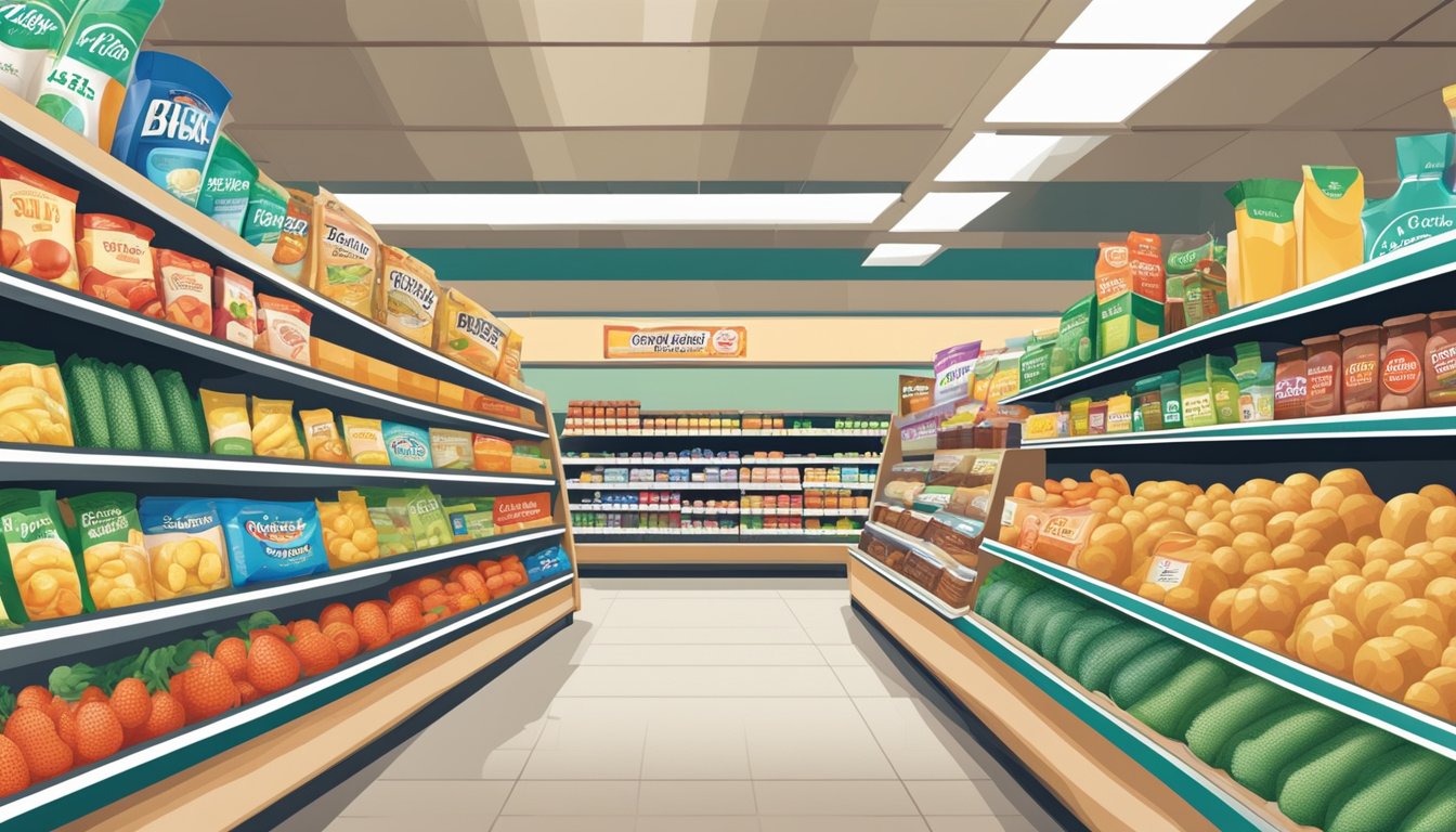 A grocery store aisle with food packaging displaying clever puns and wordplay related to their brand names