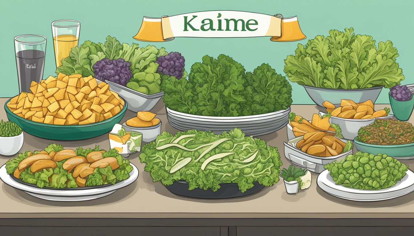 A buffet table with food items labeled with puns like "Kale Me Maybe" and "Lettuce Celebrate" for a Wordplay in Dietary Lifestyles food brand