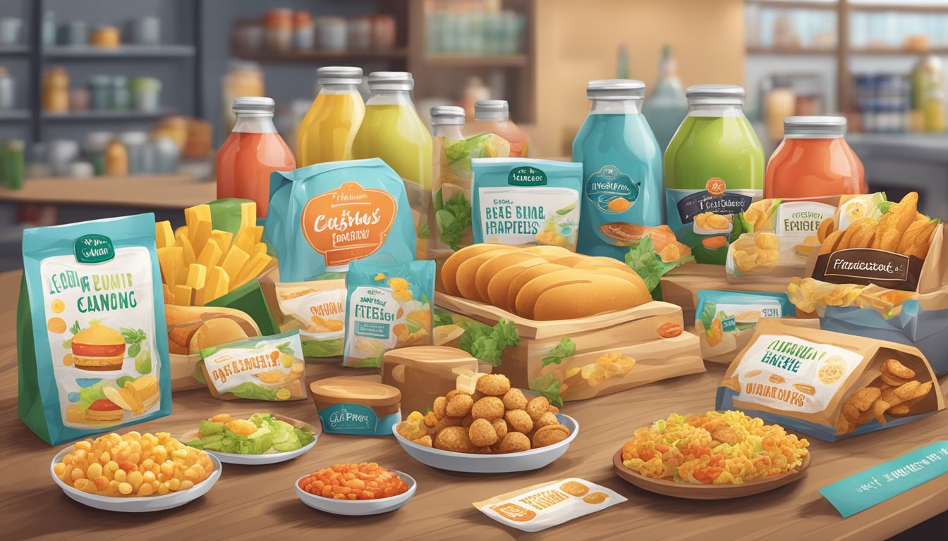 A table displays food items with playful pun labels. Customers interact with the products, smiling and laughing. The atmosphere is lively and engaging