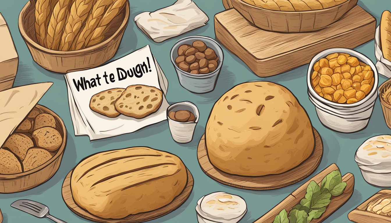 A table filled with food items, each with a clever pun related to frequently asked questions, such as a loaf of bread with the words "What's the dough?" written on it