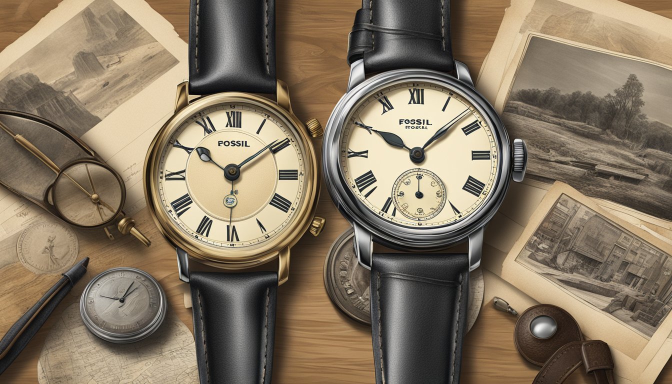 A vintage Fossil watch displayed alongside old photographs and artifacts, evoking a sense of history and nostalgia