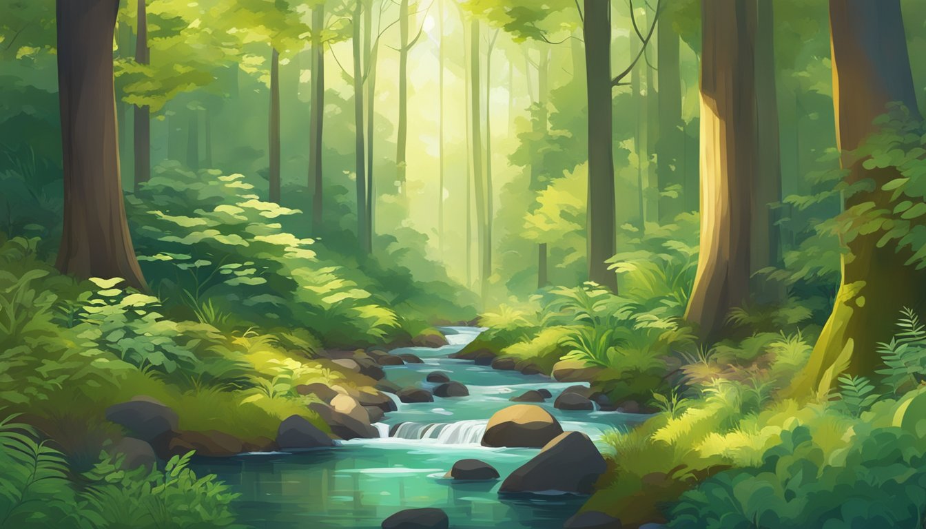 A lush forest with tall trees and dappled sunlight, a small stream running through the underbrush, and a variety of plants and wildlife