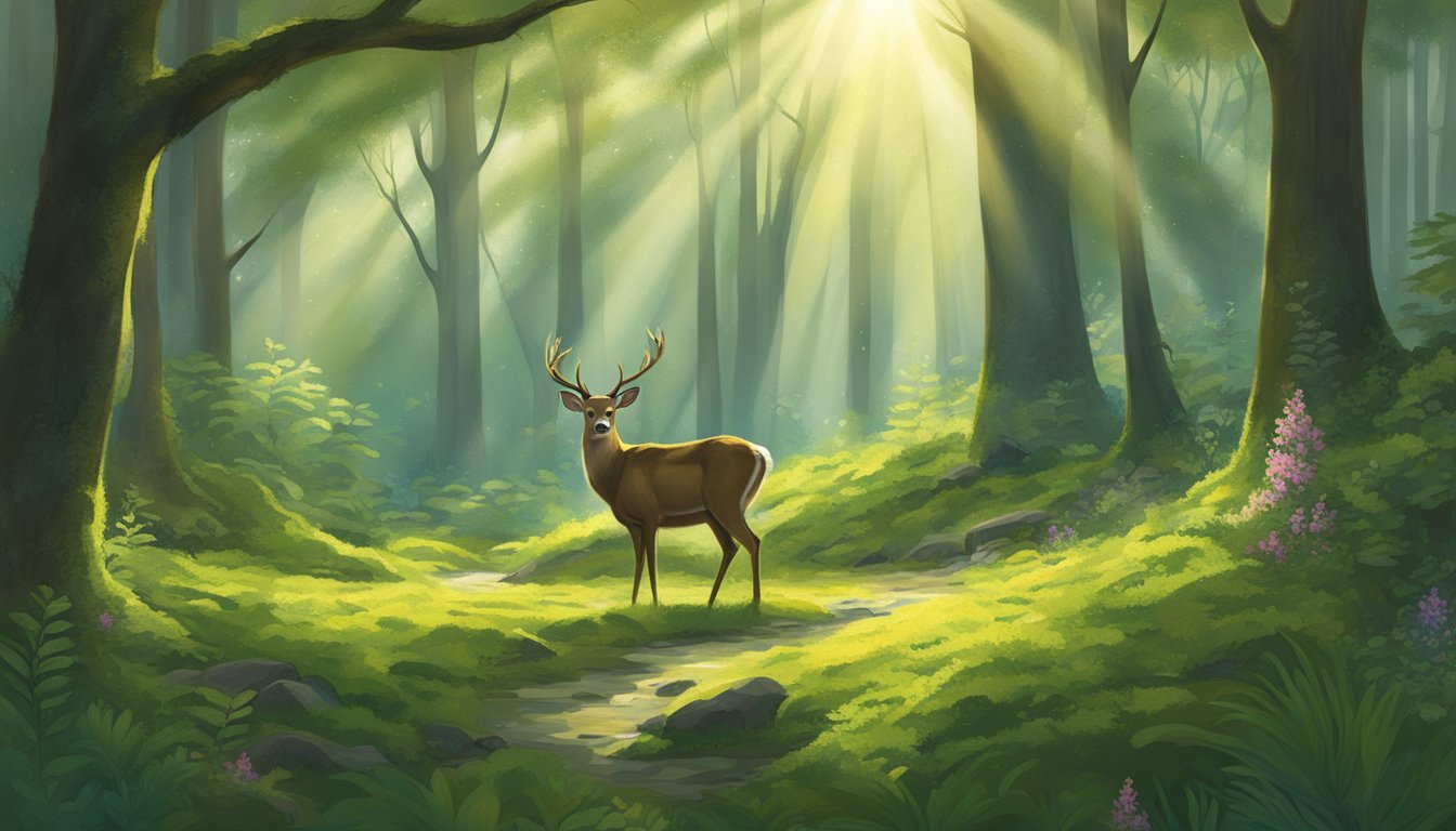 Sunlight filters through lush green leaves onto a moss-covered forest floor, where a deer gracefully stands amidst a backdrop of towering trees and delicate wildflowers