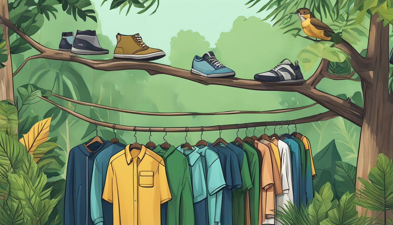 A lush forest backdrop with various clothing items hanging from tree branches, showcasing the Diverse Apparel Collections brand