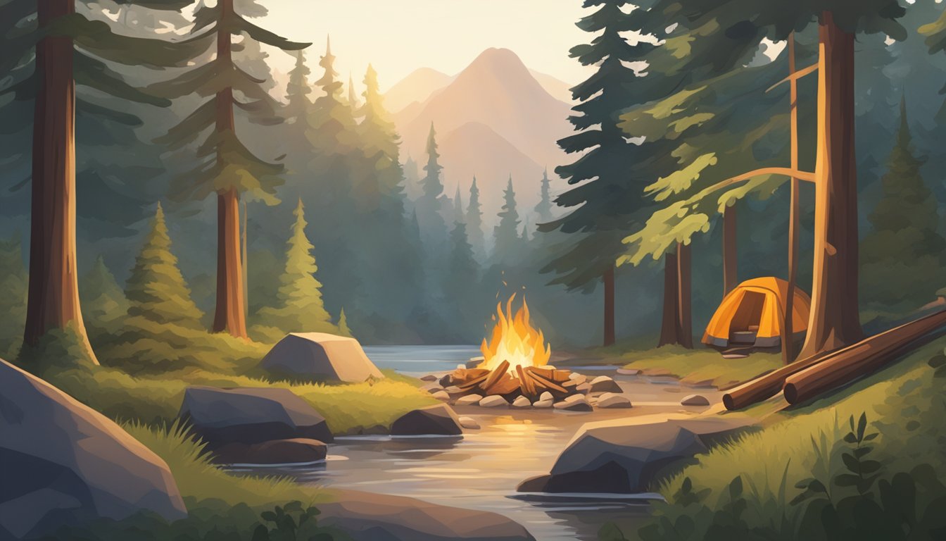 A tranquil forest clearing with a campfire, surrounded by tall trees and a flowing stream. A backpack, hiking boots, and a cozy jacket are laid out nearby