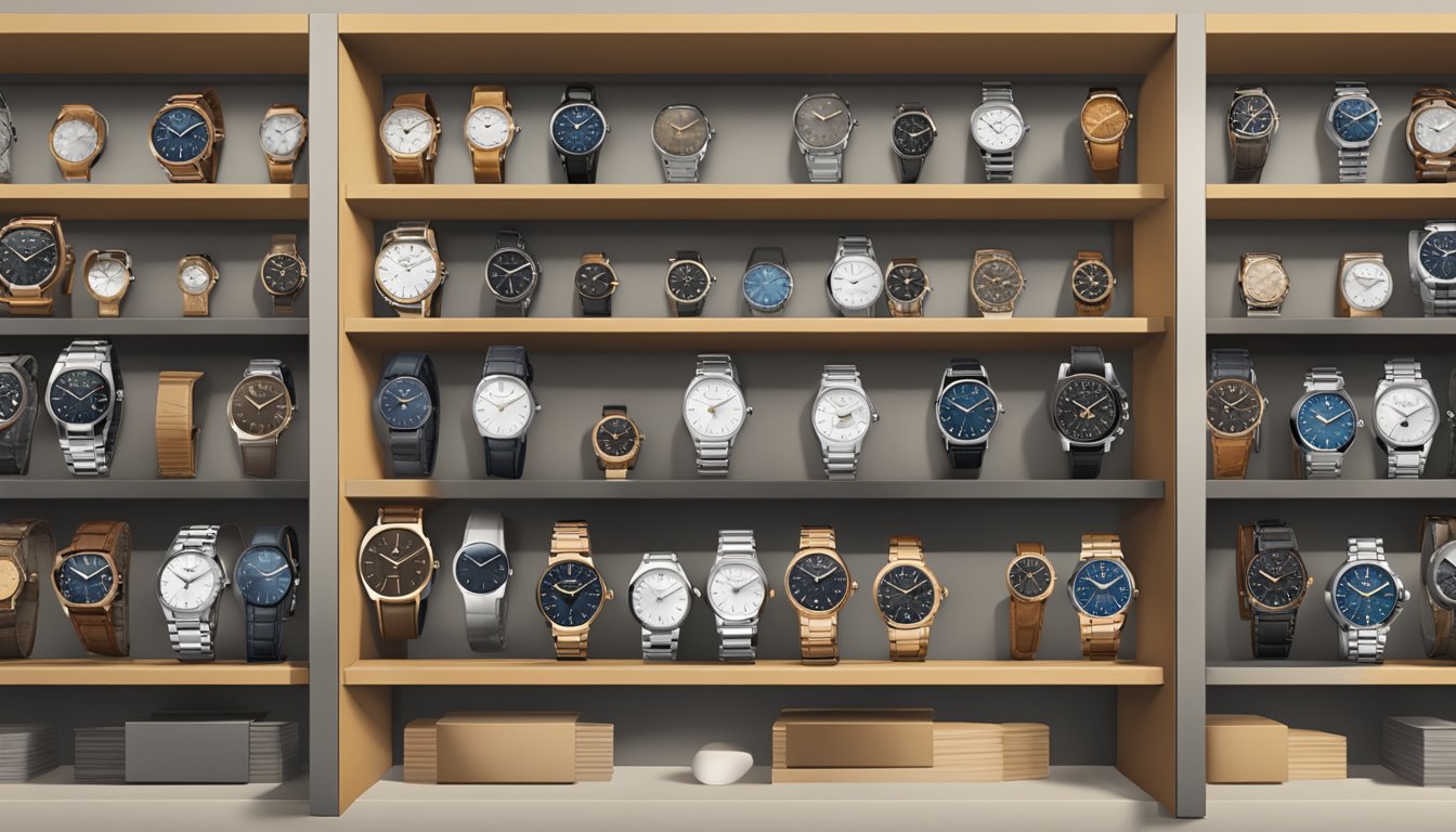 A variety of Fossil watches displayed on clean, modern shelves. Each watch features a unique blend of classic and contemporary design elements