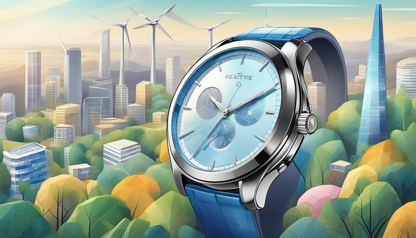 A sleek, modern watch made from sustainable materials, with a backdrop of renewable energy sources and futuristic cityscape