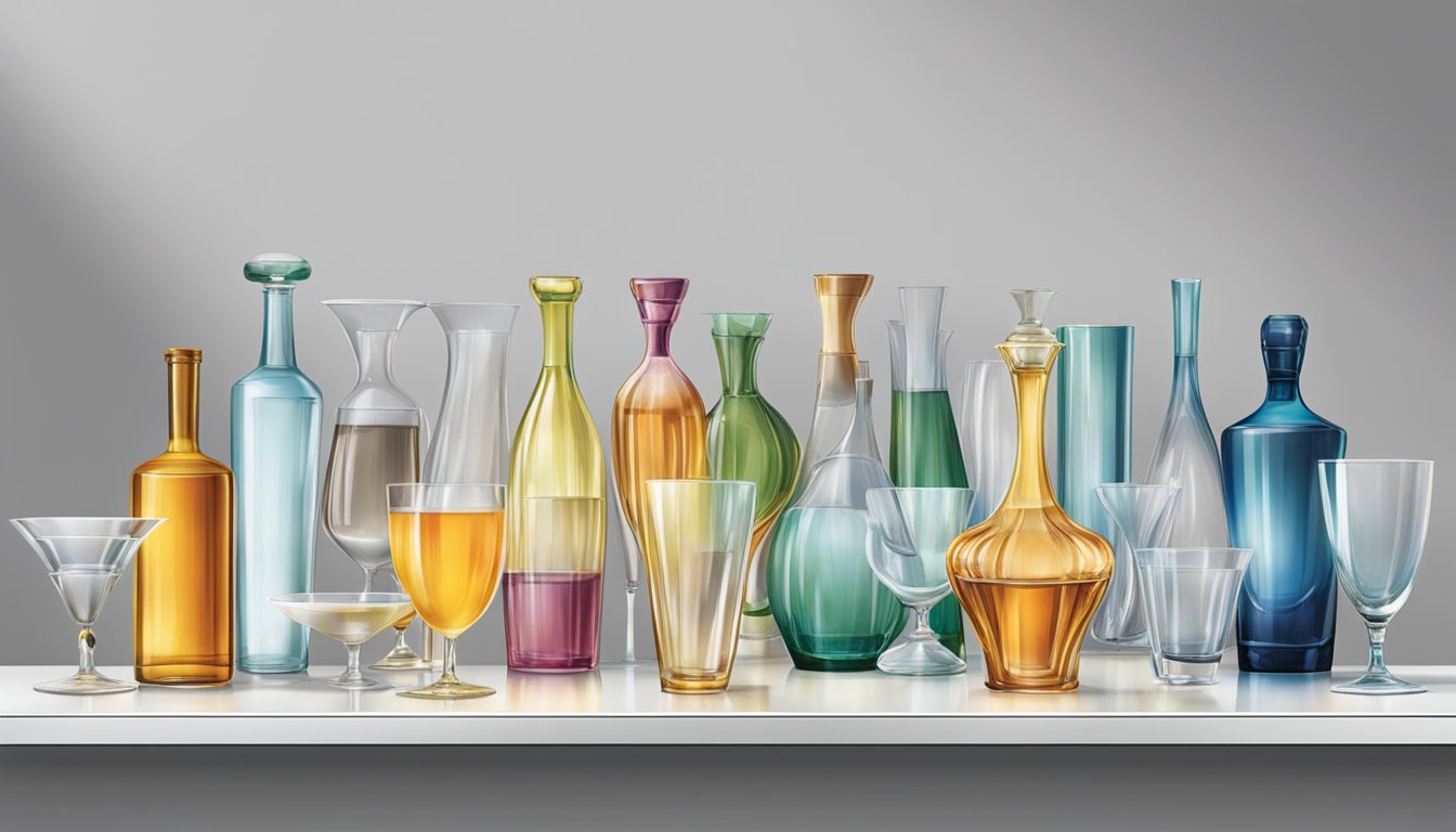 A display of elegant French glassware brands arranged on a sleek, modern shelf