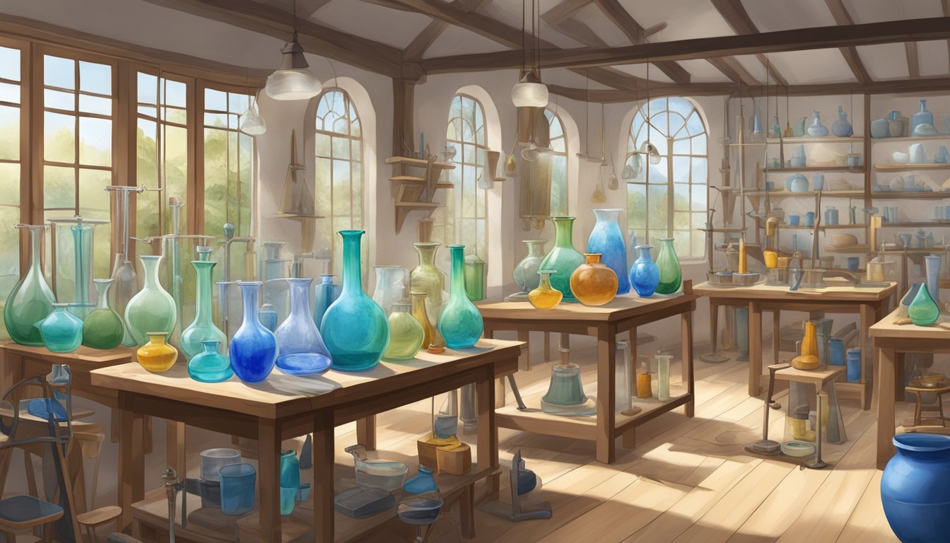 A traditional French glassmaking workshop with various glass tools, molds, and finished glass products on display