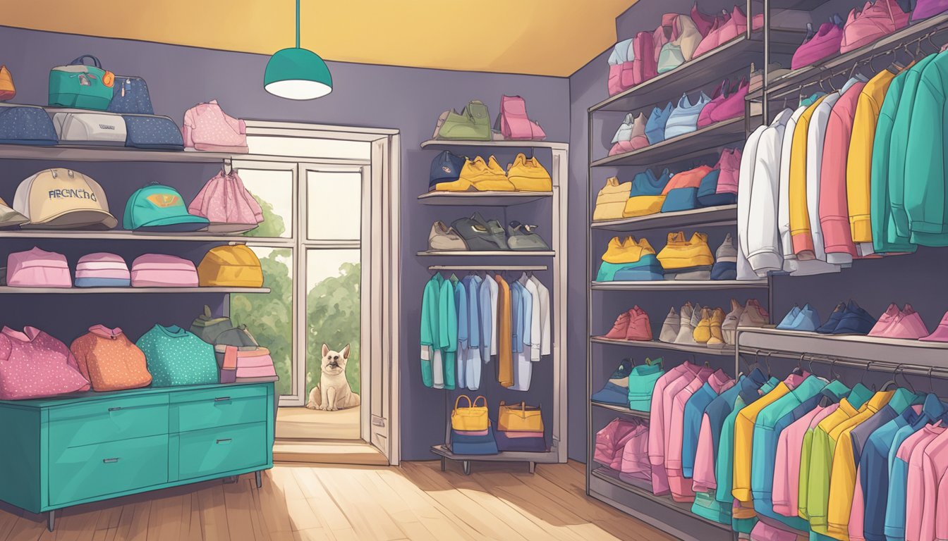 A colorful array of Frenchie clothing brand items displayed on shelves, with the iconic Frenchie logo prominently featured