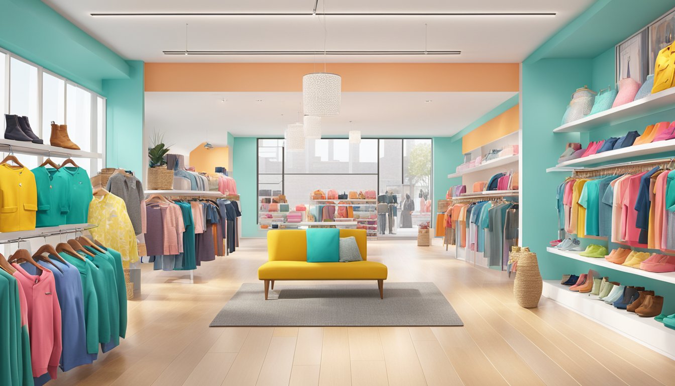 Vibrant display of Frenchie Clothing Range, featuring stylish and colorful apparel arranged on sleek, modern fixtures in a bright, inviting retail space