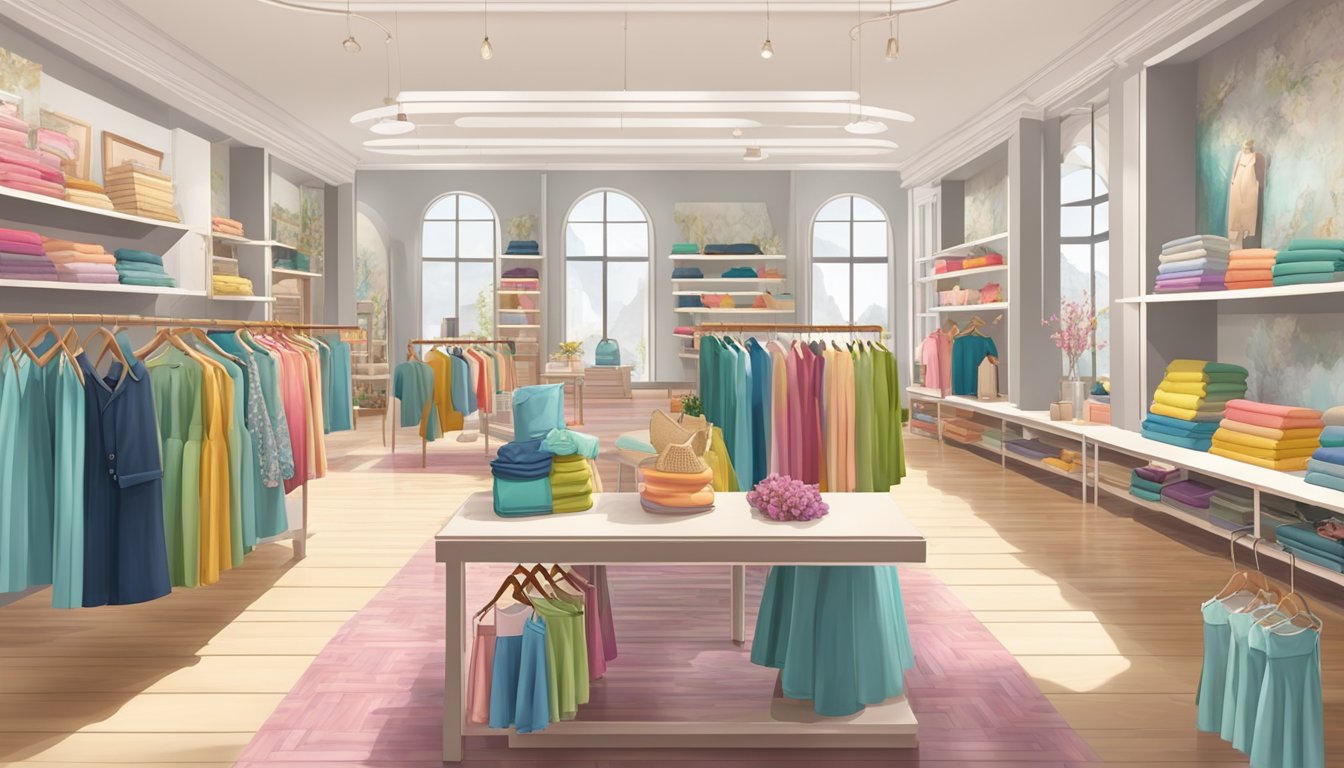 A colorful display of trendy French-inspired clothing, neatly arranged on racks and shelves in a bright and inviting boutique setting