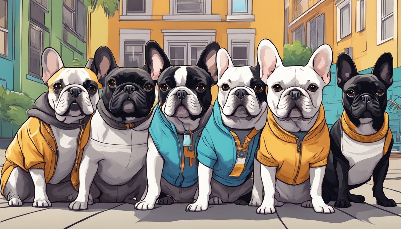A group of French bulldogs wearing trendy clothing, gathering in a vibrant and welcoming community setting for the "Join Our Community" event by the frenchie clothing brand