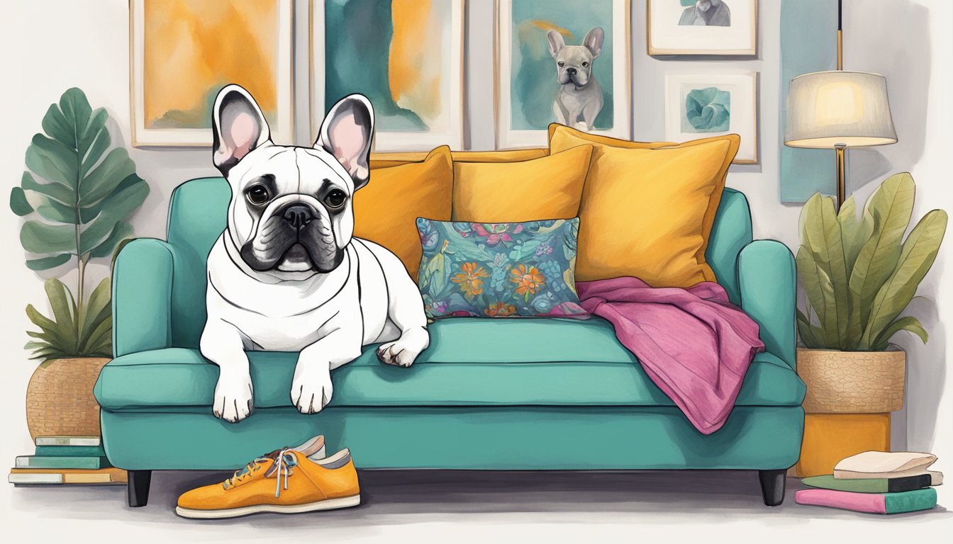 A French bulldog lounges on a cozy bed surrounded by stylish Frenchie clothing and accessories. The room is filled with vibrant colors and soft textures, creating a comfortable and fashionable atmosphere