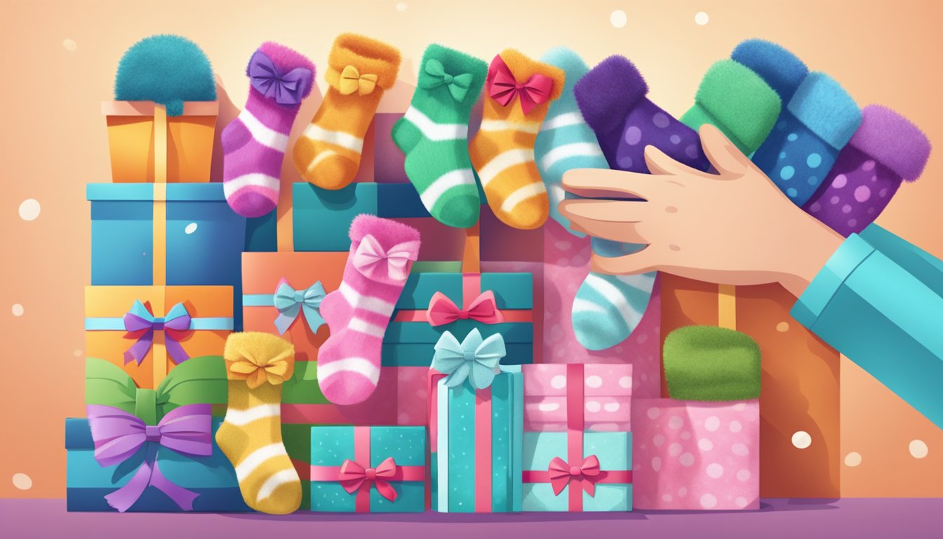 A hand reaches for a colorful display of fuzzy sock brands, selecting a pair and placing it in a gift bag with a bow