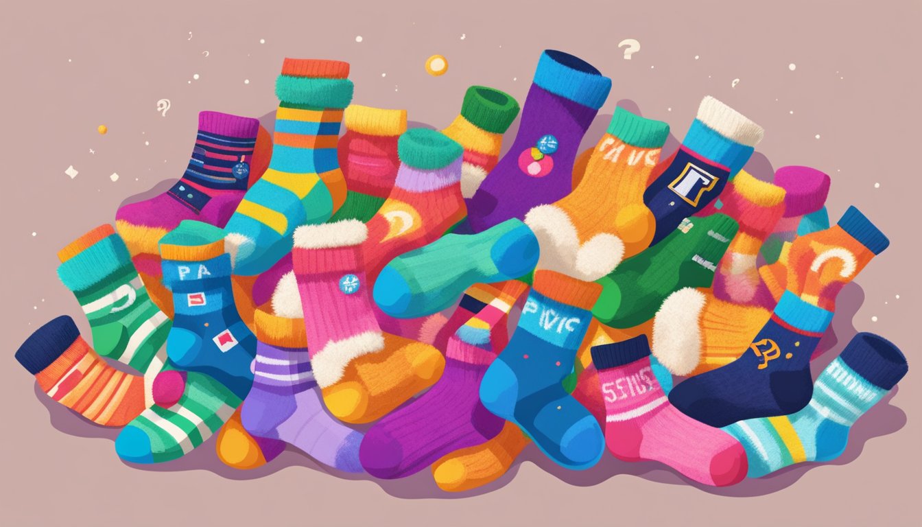 A pile of colorful fuzzy socks with brand logos, surrounded by question marks