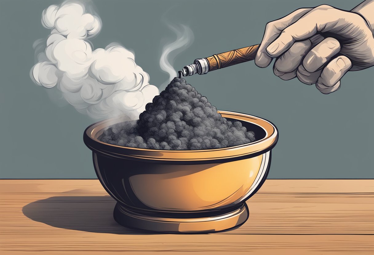 A hand places more charcoal on a hookah bowl, increasing heat. Smoke billows thicker from the shisha, creating a dense cloud