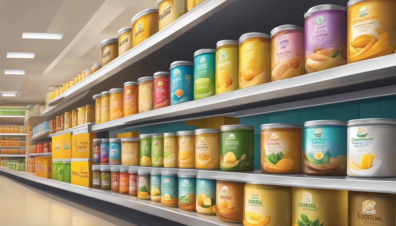 Various ghee brands line the shelves of a modern grocery store in the USA, with colorful packaging and prominent brand logos
