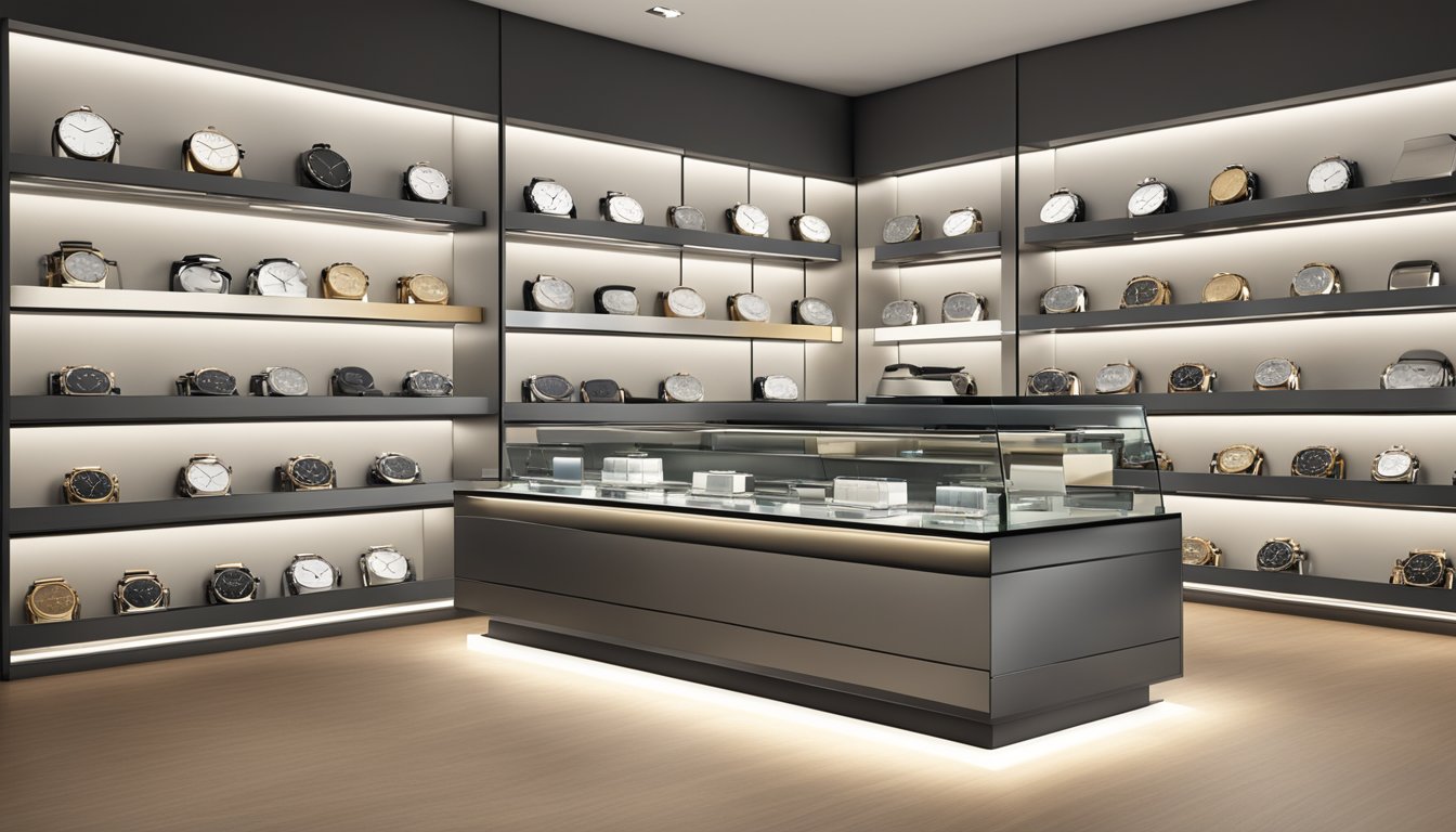 A display of Geneva watch brands arranged on a sleek, modern store counter. The watches shine under the spotlight, showcasing their elegance and craftsmanship